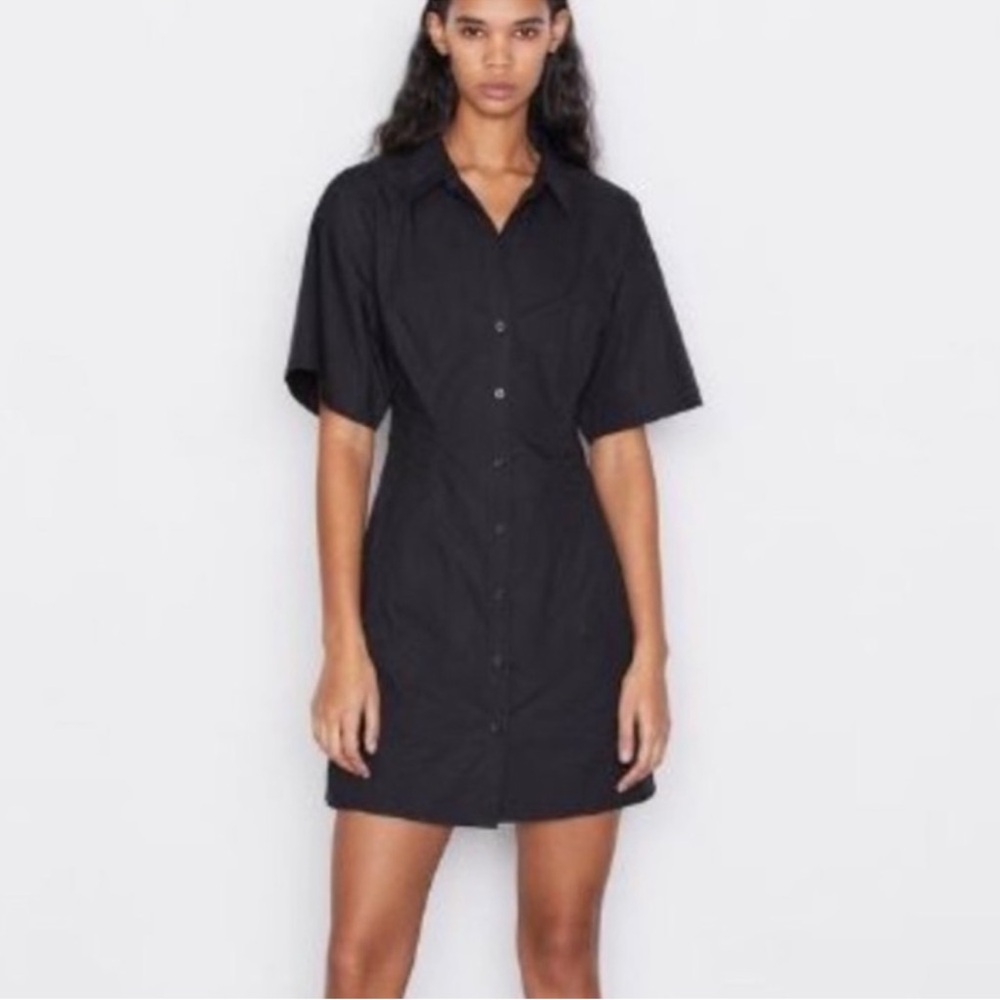 Frame Black Poplin Button Down Shirt Dress Ruched Waist Short Sleeve